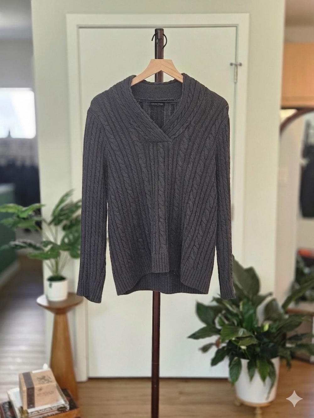 JEANNE PIERRE Charcoal Cable Knit Shawl Collar Sweater